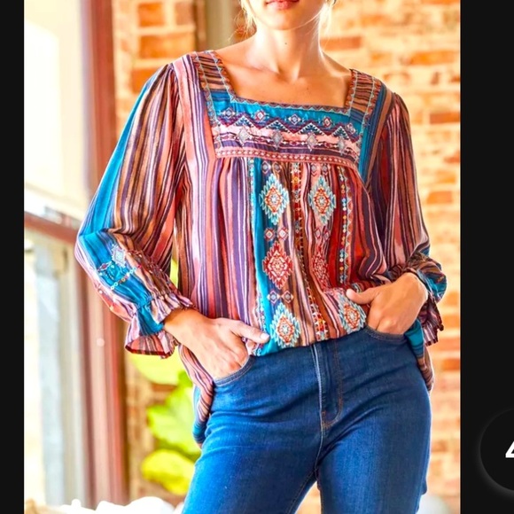 Anthropologie Savanna Jane Aztec Embroidered Peasant  Top- Multi Color Stripe, L - Picture 1 of 10